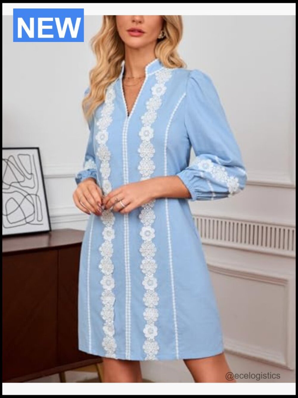 Embroidered Lace Floral Tunic Dress V-Neck 3/4 Puff Sleeve Mini Dress with - Picture 3 of 7
